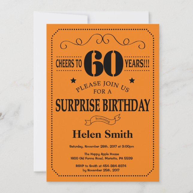 Surprise 60th Birthday Black and Orange Invitation (Front)