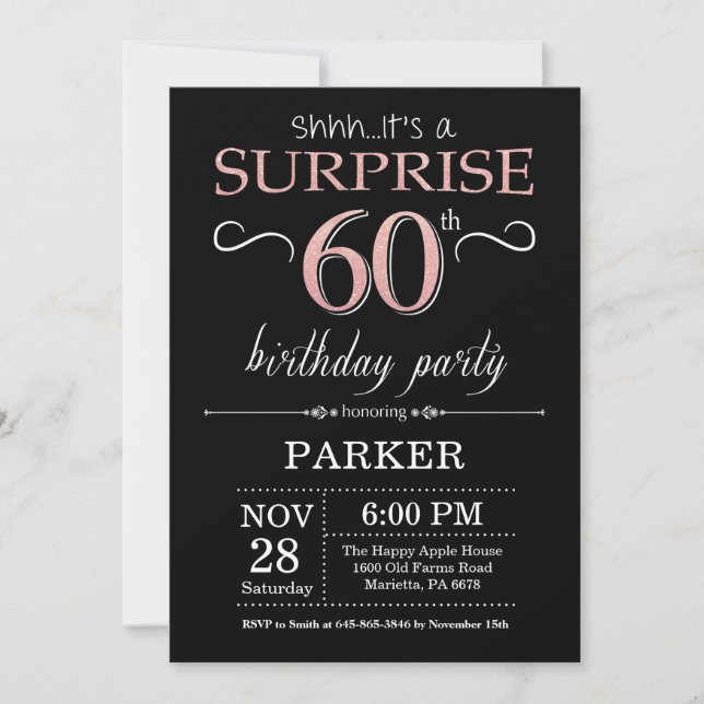 Surprise 60th Birthday Black and Rose Pink Gold Invitation (Front)