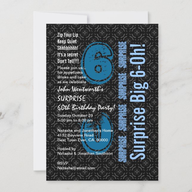 SURPRISE 60th Birthday Black and White Blue W1754 Invitation (Front)