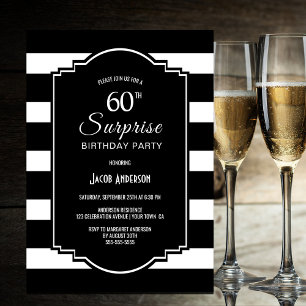 Surprise 60th Birthday Black and White Striped Invitation