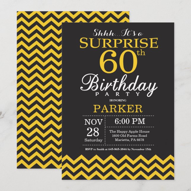 Surprise 60th Birthday Black and Yellow Chevron Invitation (Front/Back)