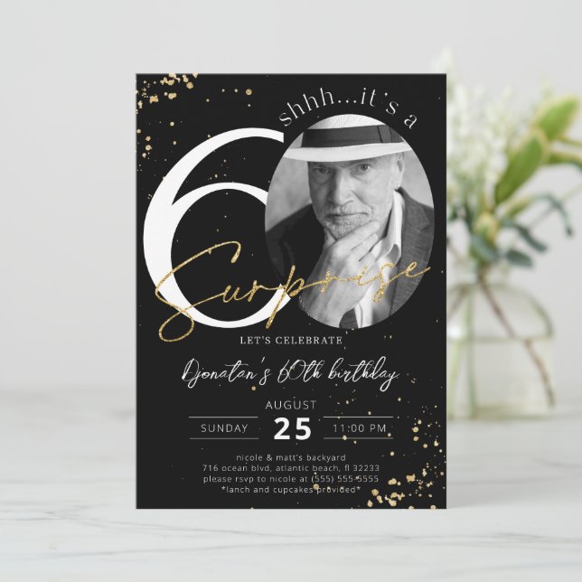 Surprise 60th Birthday Black Gold Photo Invitation (Standing Front)
