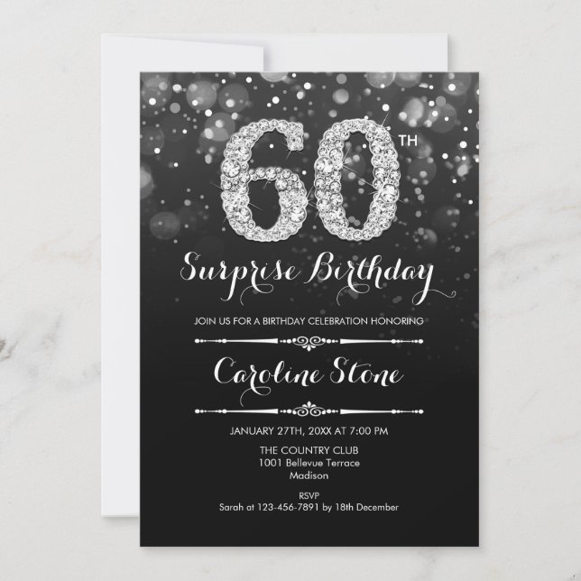 Surprise 60th Birthday - Black Silver Invitation (Front)
