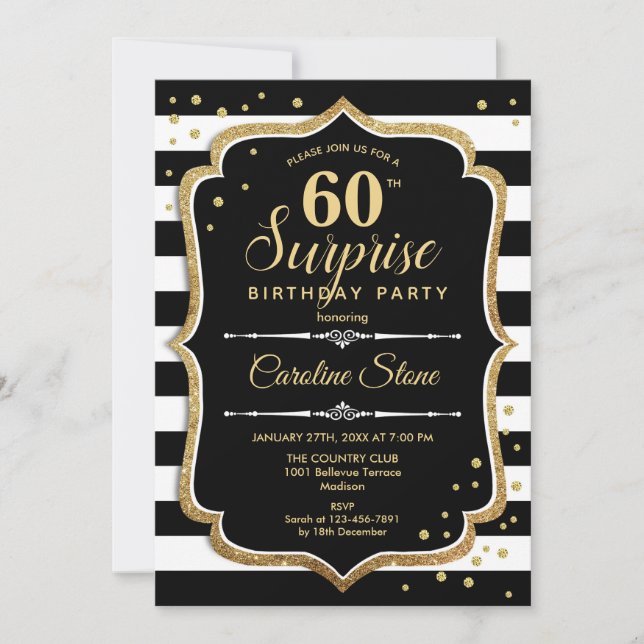 Surprise 60th Birthday - Black White Gold Invitation (Front)