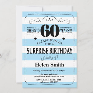 Surprise 60th Birthday Blue and White Stripes Invitation