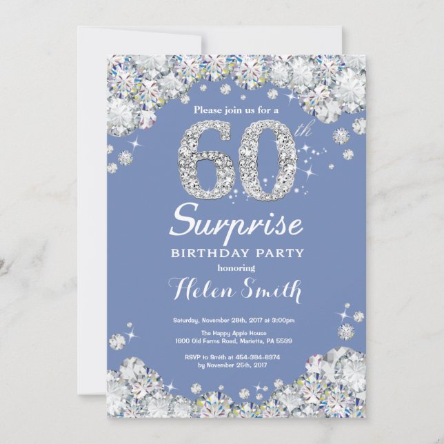 Surprise 60th Birthday Blue Silver Diamond Invitation (Front)