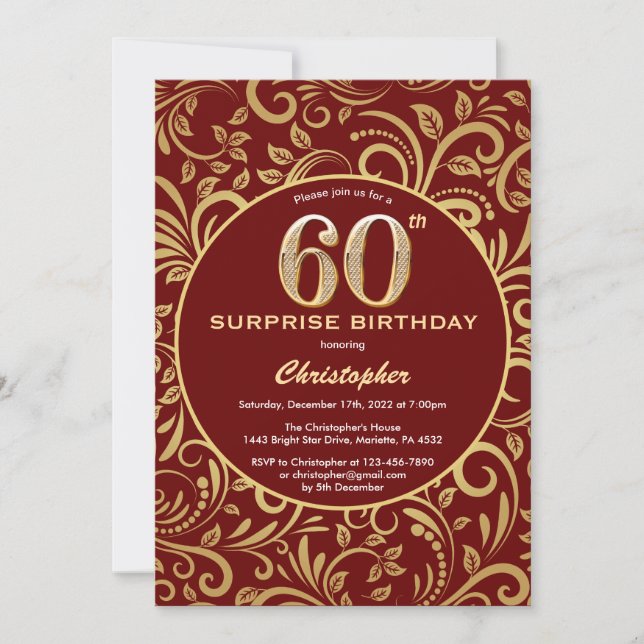 Surprise 60th Birthday Burgundy Red & Gold Floral Invitation (Front)