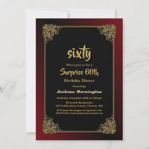 Surprise 60th Birthday Dinner Black Red Gold Invitation