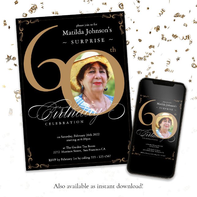Surprise 60th Birthday Elegant Black Gold Photo  Invitation (Surprise 60th Birthday Elegant Black Gold Photo Invitation)