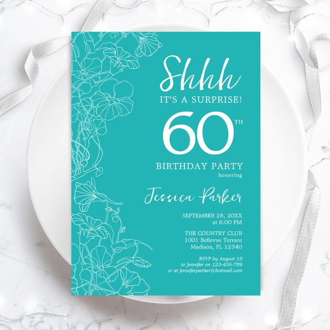 Surprise 60th Birthday - Floral Turquoise Invitation (Creator Uploaded)
