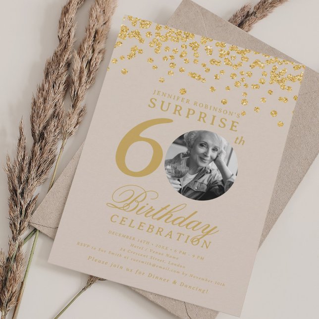 SURPRISE 60th Birthday Gold Confetti Champagne Invitation (SURPRISE 60th Birthday Gold Confetti Champagne Invitation)