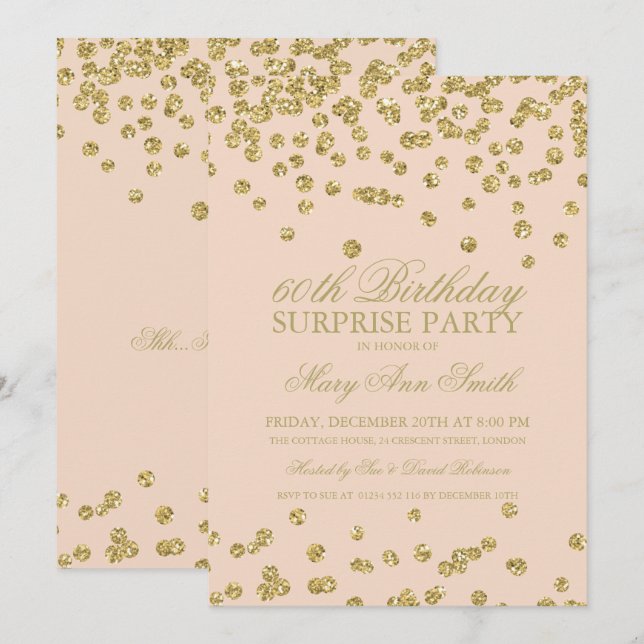 Surprise 60th Birthday Gold Glitter Confetti Blush Invitation (Front/Back)