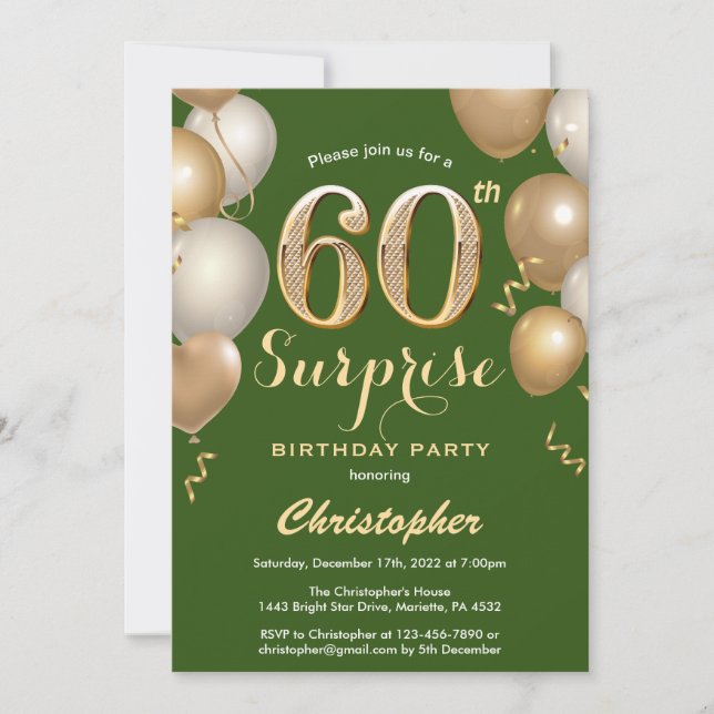Surprise 60th Birthday Green and Gold Balloons Invitation (Front)