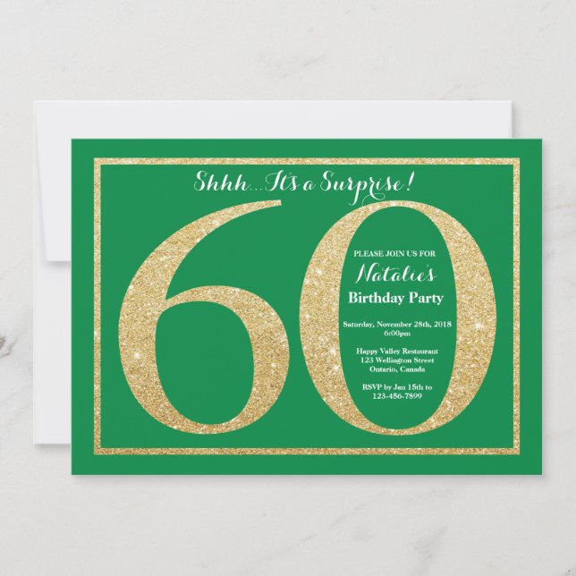 Surprise 60th Birthday Green and Gold Glitter Invitation (Front)