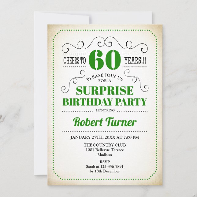 Surprise 60th Birthday - Green White Black Invitation (Front)