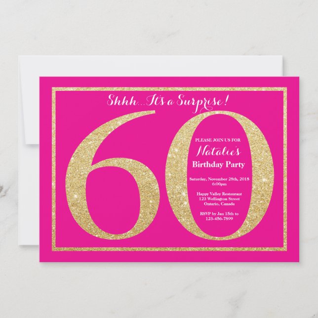 Surprise 60th Birthday Hot Pink and Gold Glitter Invitation (Front)
