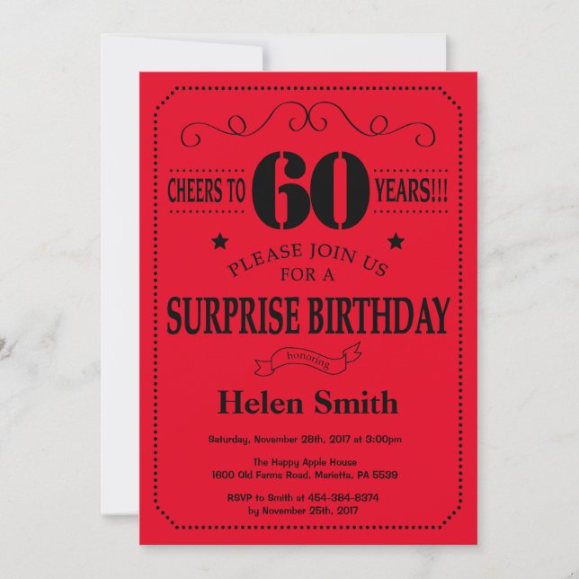 Surprise 60th Birthday Invitation Black and Red (Front)