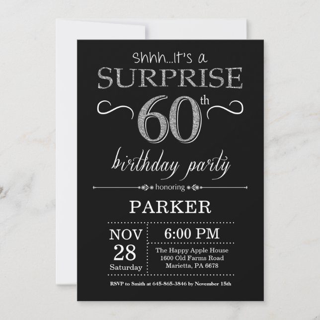 Surprise 60th Birthday Invitation Black and Silver (Front)