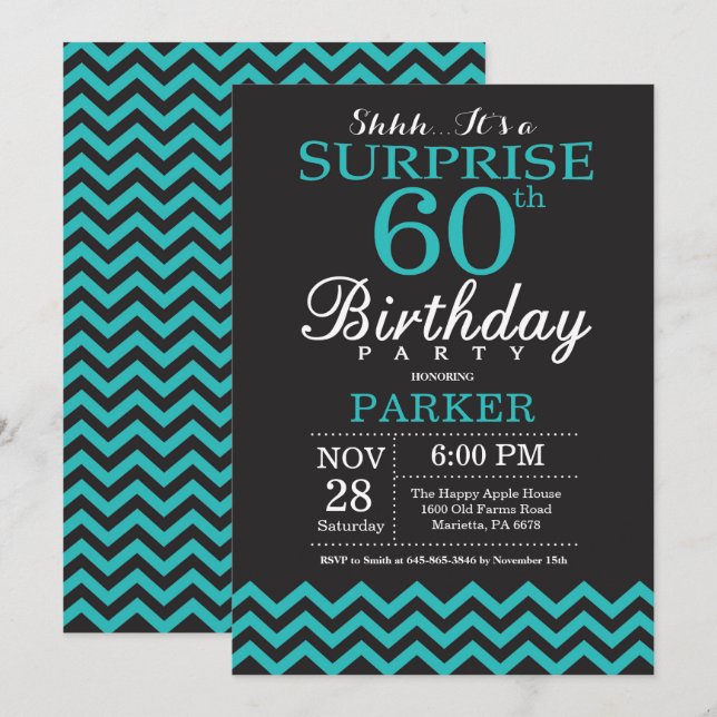 Surprise 60th Birthday Invitation Black and Teal (Front/Back)