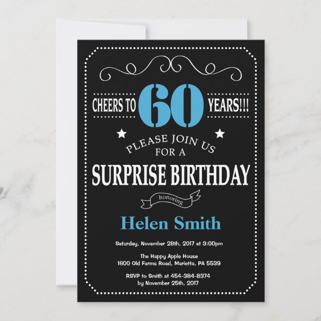 Surprise 60th Birthday Invitation Blue and Black (Front)