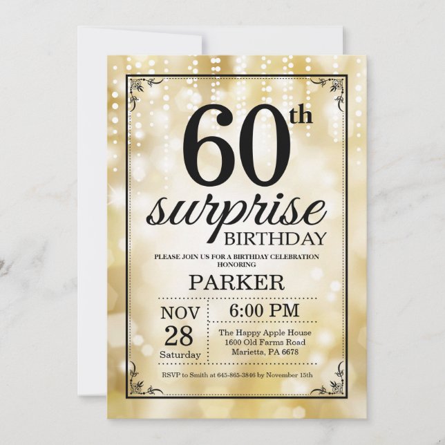 Surprise 60th Birthday Invitation Gold Glitter (Front)