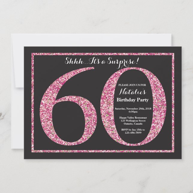 Surprise 60th Birthday Invitation Pink Glitter (Front)