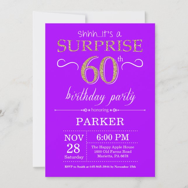 Surprise 60th Birthday Invitation Purple and Gold (Front)