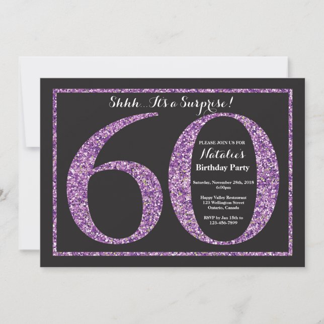 Surprise 60th Birthday Invitation Purple Glitter (Front)