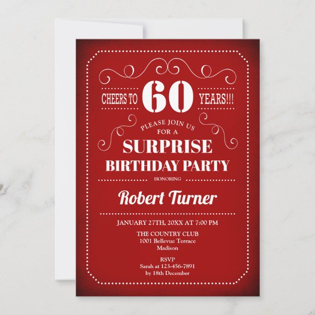Surprise 60th Birthday Invitation - Red White (Front)