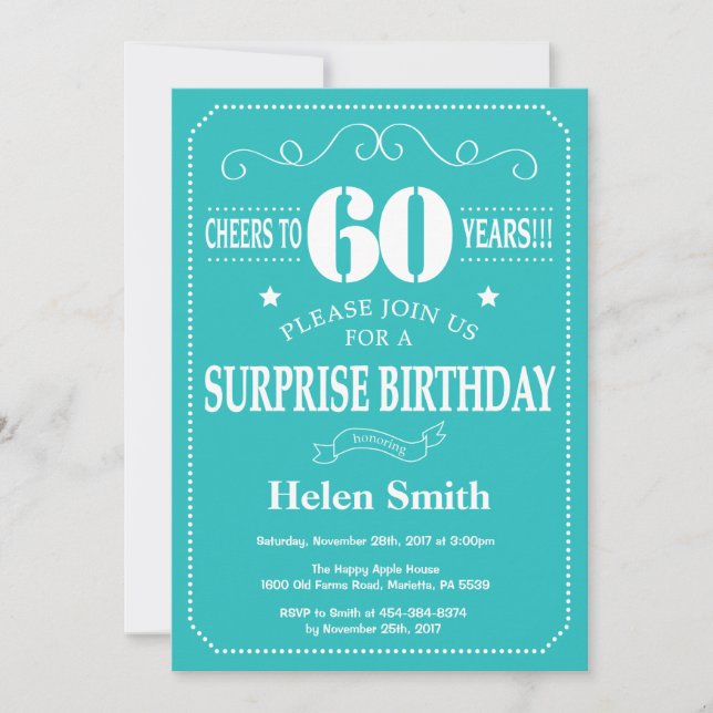 Surprise 60th Birthday Invitation Teal and White (Front)