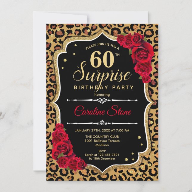 Surprise 60th Birthday - Leopard Black Gold Red Invitation (Front)