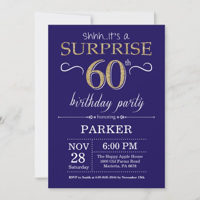 Surprise 60th Birthday Navy Blue and Gold Glitter Invitation (Front)