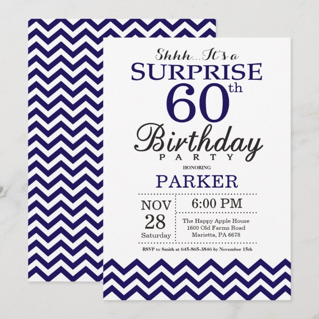 Surprise 60th Birthday Navy Blue Chevron Invitation (Front/Back)