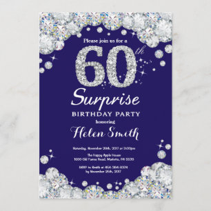 Surprise 60th Birthday Navy Blue Silver Diamond Invitation