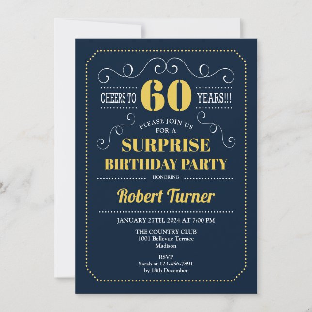 Surprise 60th Birthday - Navy Gold Invitation (Front)