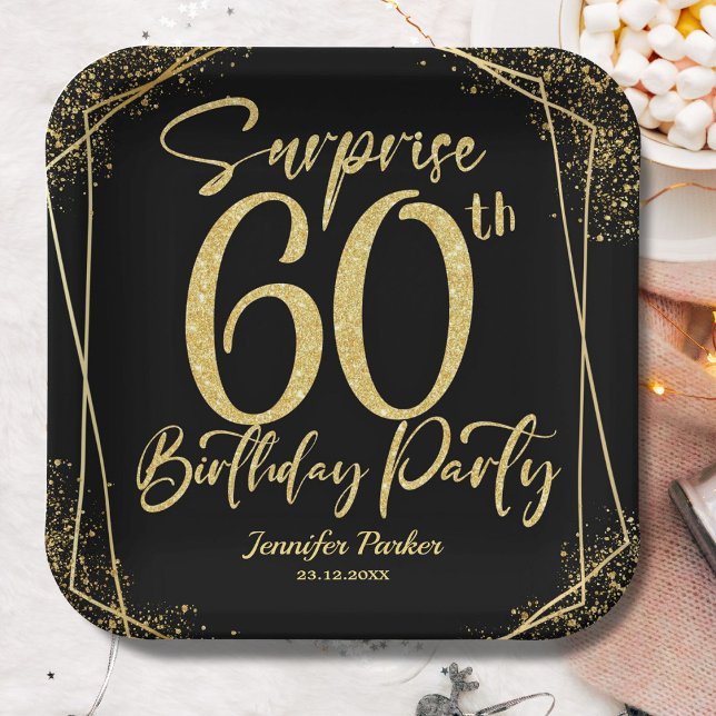 Surprise 60th Birthday Party Black & Gold Glitter Paper Plate (Creator Uploaded)
