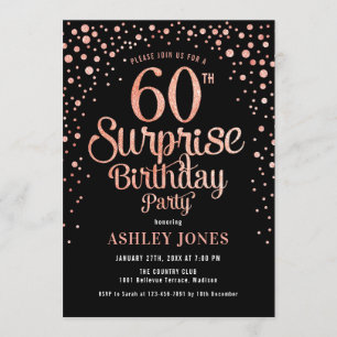 Surprise 60th Birthday Party - Black & Rose Gold Invitation