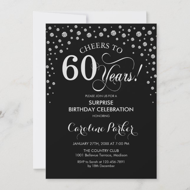 Surprise 60th Birthday Party - Black Silver Invitation (Front)