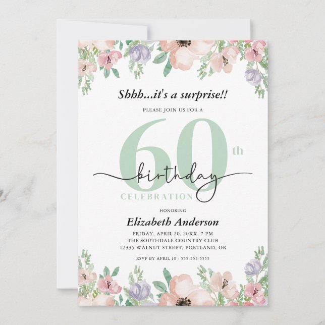 Surprise 60th Birthday Party Elegant Pastel Floral Invitation (Front)