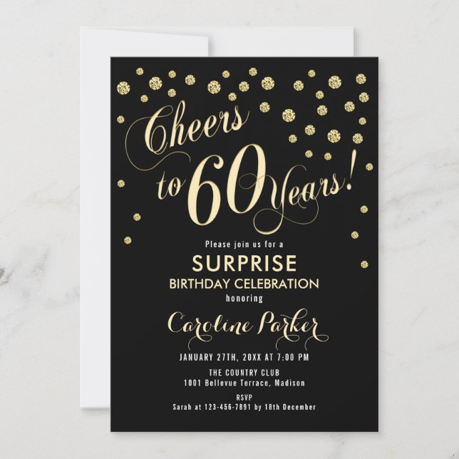 Surprise 60th Birthday Party - Gold Black Invitation (Front)