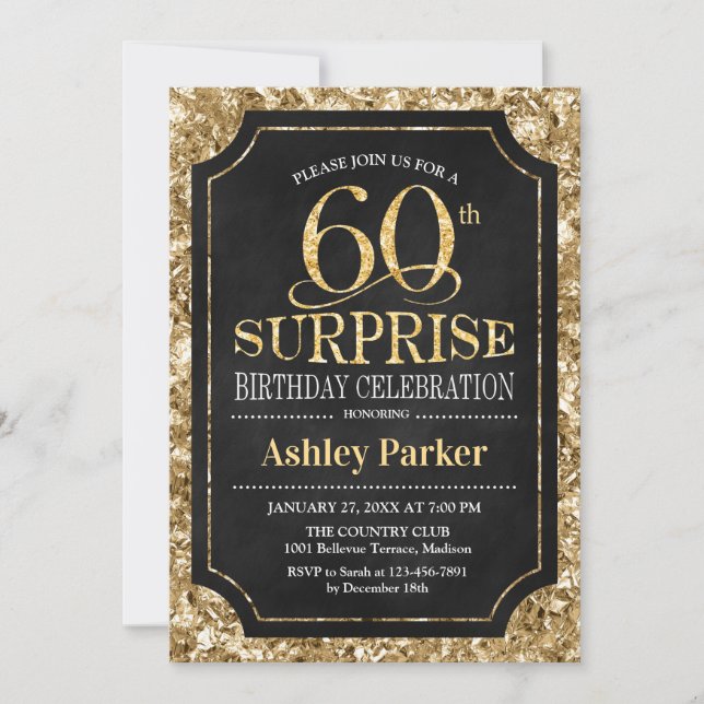 Surprise 60th Birthday Party - Gold Black Invitation (Front)