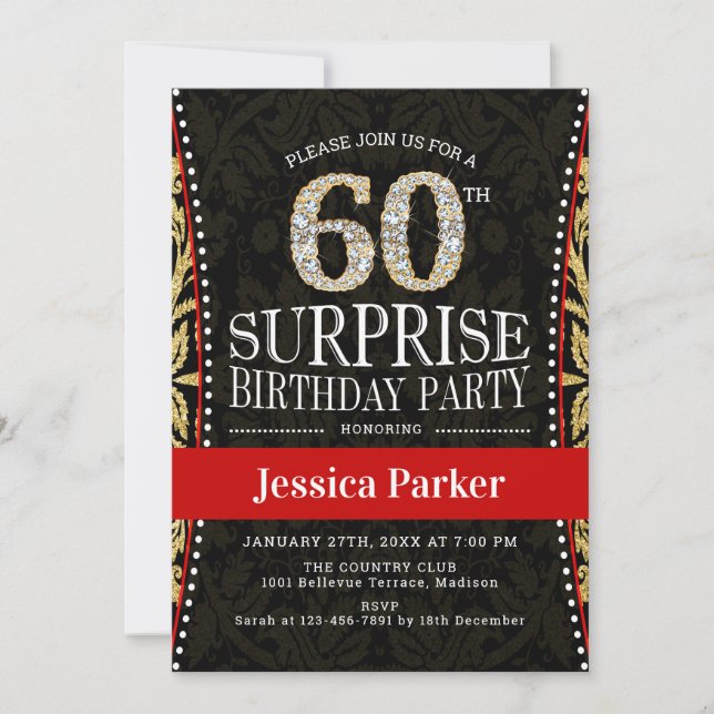 Surprise 60th Birthday Party - Gold Black Red Invitation (Front)