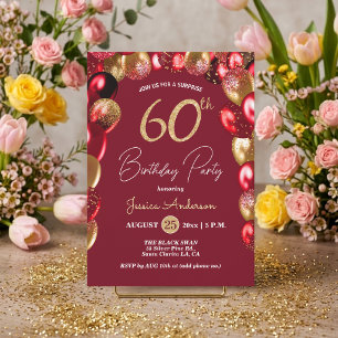 Surprise 60th Birthday Party Gold Burgundy Glitter Invitation