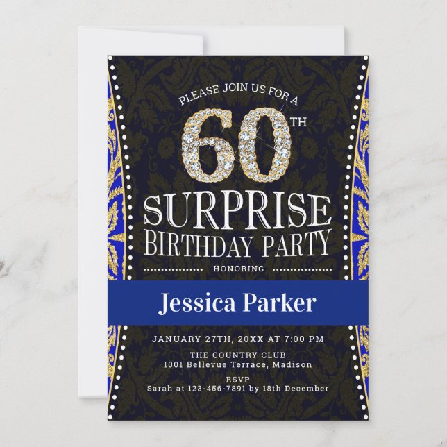 Surprise 60th Birthday Party - Gold Navy Blue Invitation (Front)