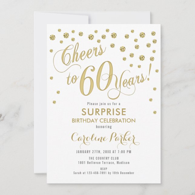 Surprise 60th Birthday Party - Gold White Invitation (Front)
