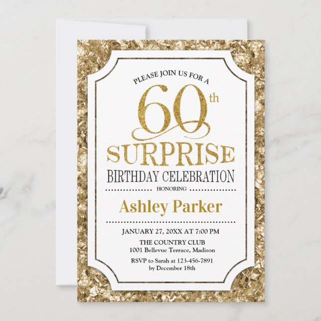 Surprise 60th Birthday Party - Gold White Invitation (Front)