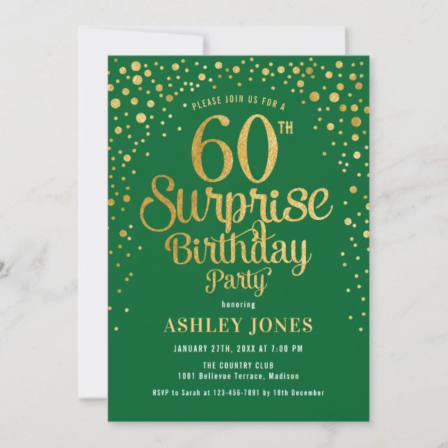 Surprise 60th Birthday Party - Green & Gold Invitation (Front)