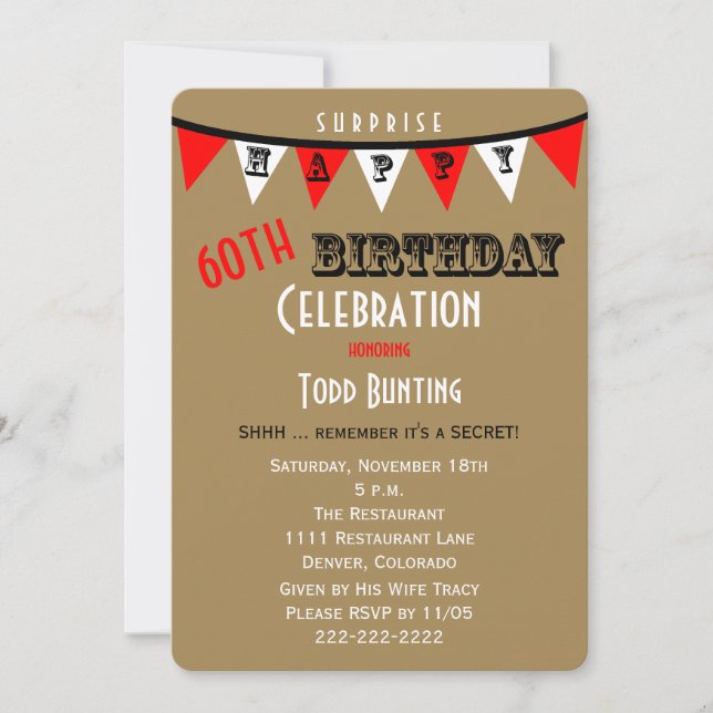 Surprise 60th Birthday Party Invitations Bunting (Front)