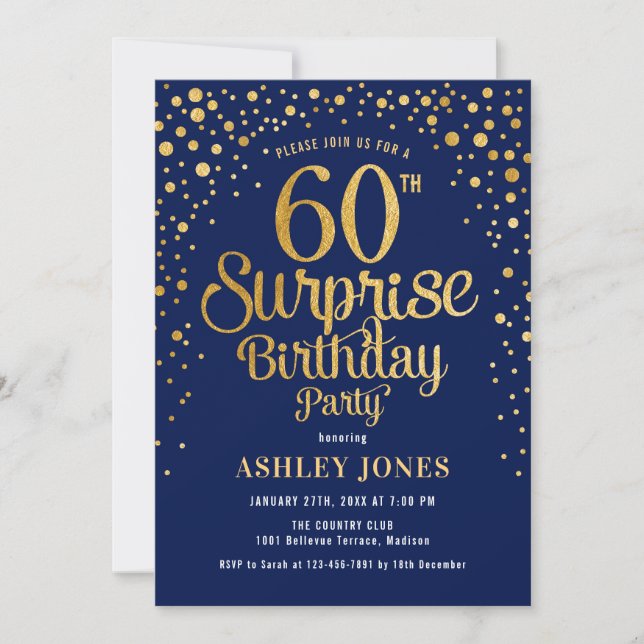 Surprise 60th Birthday Party - Navy & Gold Invitation (Front)