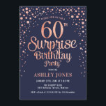 Surprise 60th Birthday Party - Navy & Rose Gold Invitation<br><div class="desc">Surprise 60th Birthday Party Invitation.
Elegant design in navy and faux glitter rose gold. Features stylish script font and confetti. Message me if you need custom age.</div>